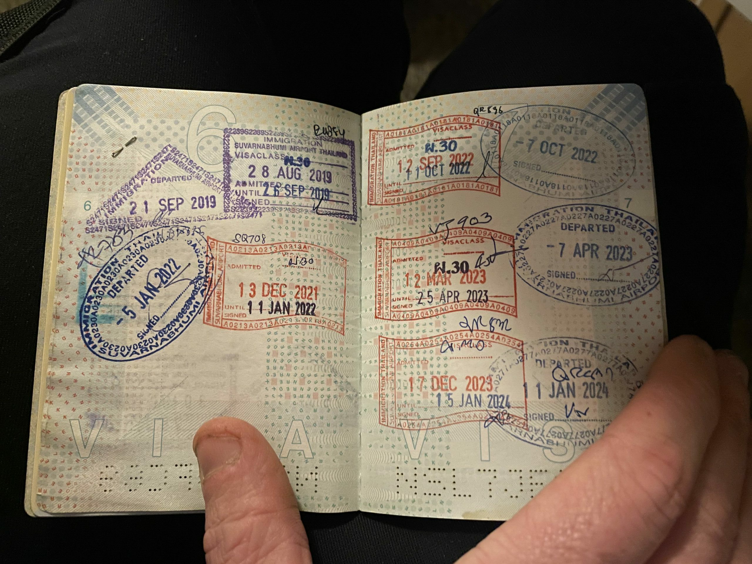 passport page of Chris Verhoeven from In Love With Thailand with different entry stamps for Thailand over different years